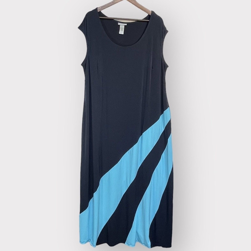 Catherines Maxi Dress Womens 2X Navy Blue Light Blue Diagonal Stripe Sleeveless
